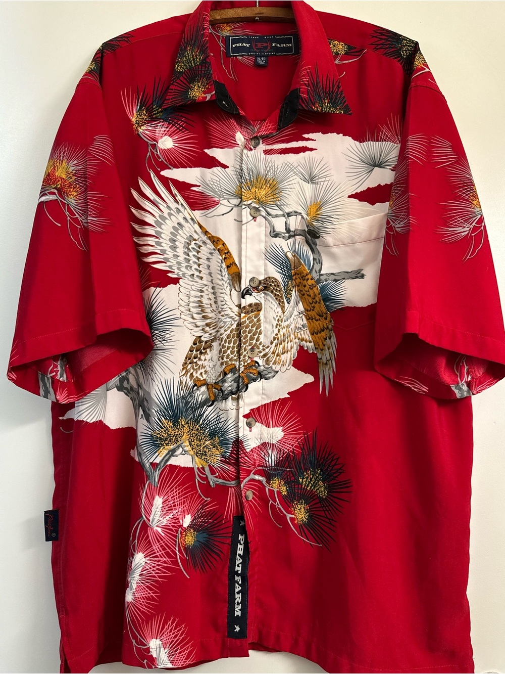 Phat Farm Red Hawaiian Button-Down Shirt with Crane Motif